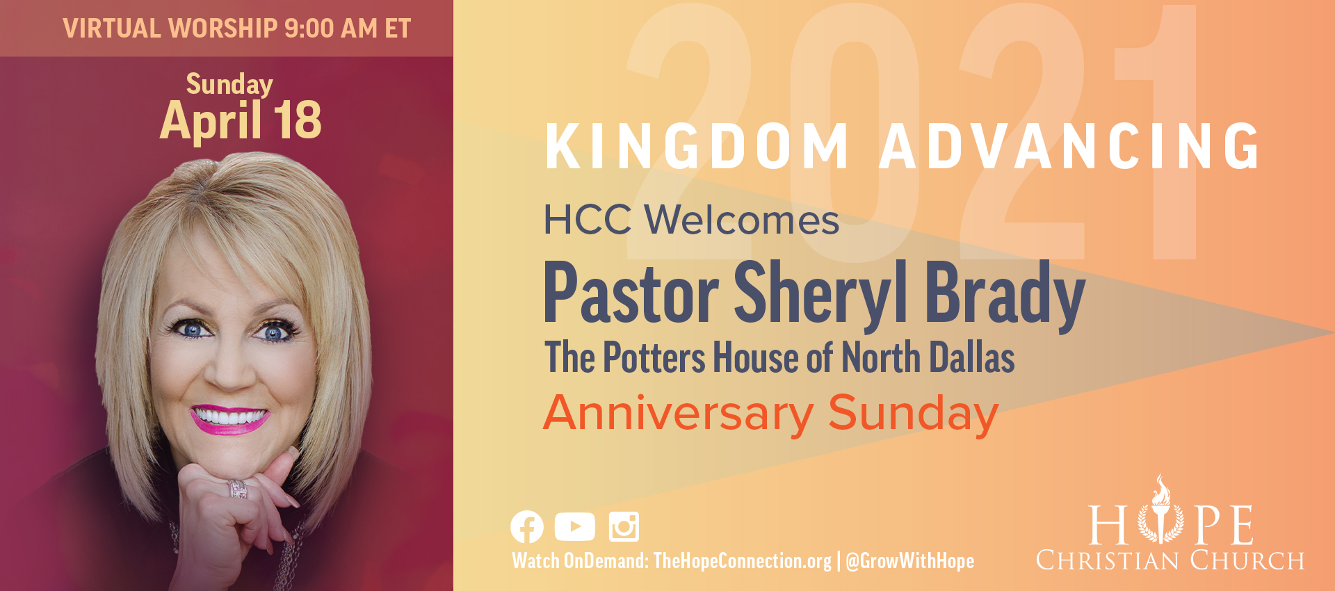 <p>HCC Welcomes</p>

<p>Pastor Sheryl Brady</p>
