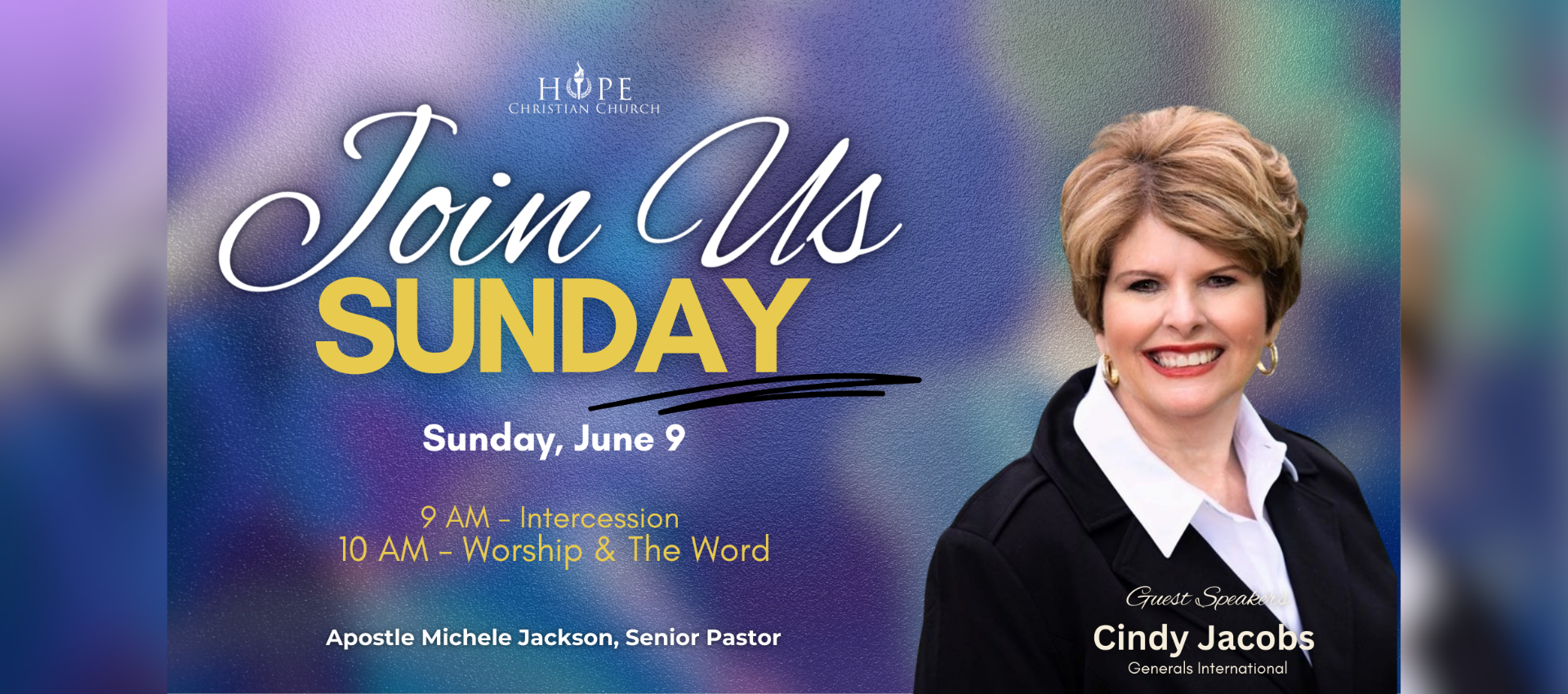 <p><strong>Cindy Jacobs | Sunday Worship Experience</strong></p>
<p><strong>June 9 | 10am</strong></p>