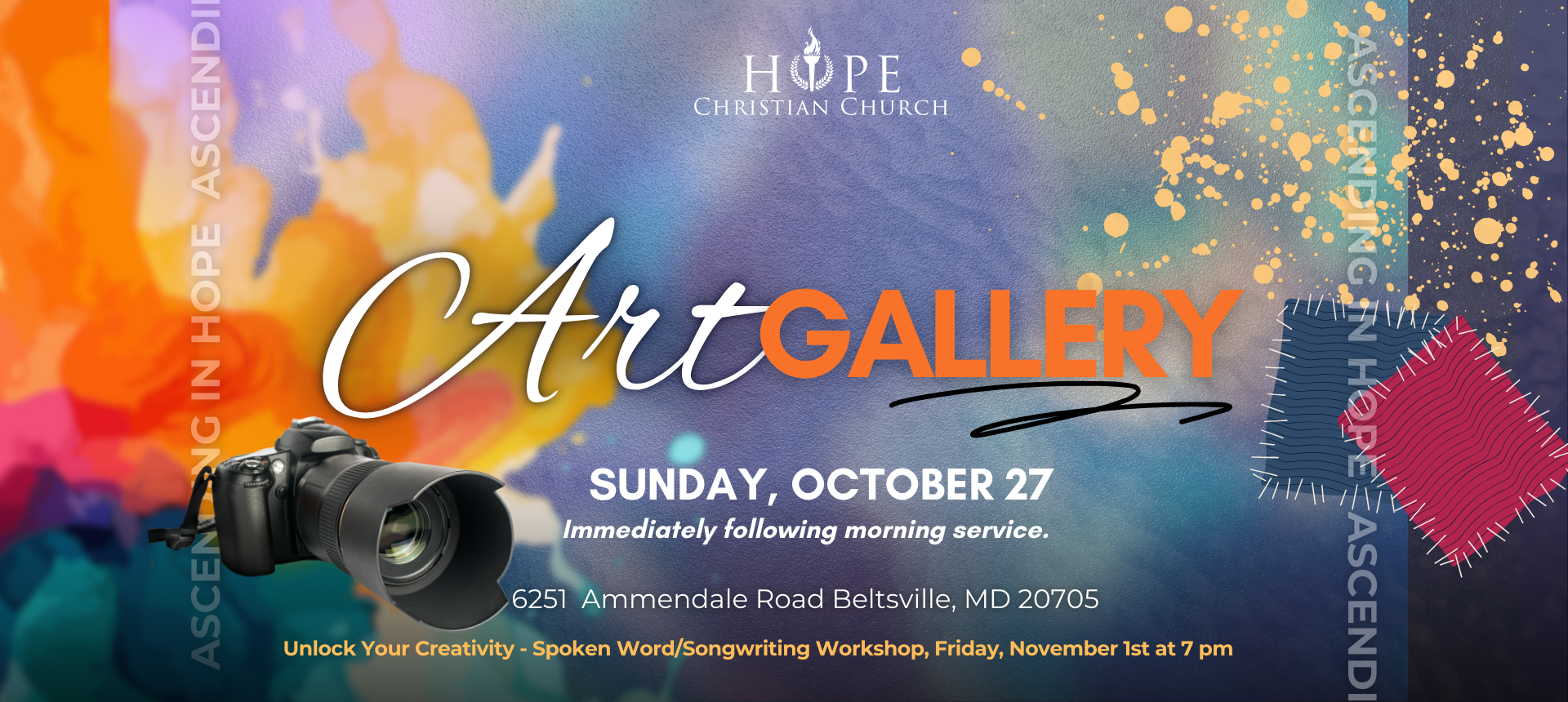 <p><strong>Creative Arts Ministry</strong></p>

<p><strong>Art Exhibition</strong></p>

<p><strong>October 27, 2024</strong></p>

<h3>&nbsp;</h3>

<h2>&nbsp;</h2>

<p>&nbsp;</p>
